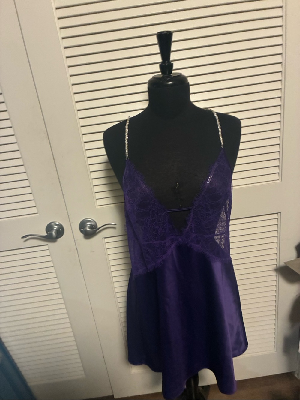 Victoria's Secret Purple Satin & Lace Chemise with Rhinestone Straps